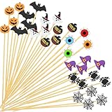 Halloween Cocktail Picks, 6 Styles Bamboo Halloween Theme Toothpicks for Appetizers Food Drinks Fruit - Pumpkin Ghost Spider Bat Hat, 4.7 IN Wood Charcuterie Skewers Sticks Party Supplies Decorations