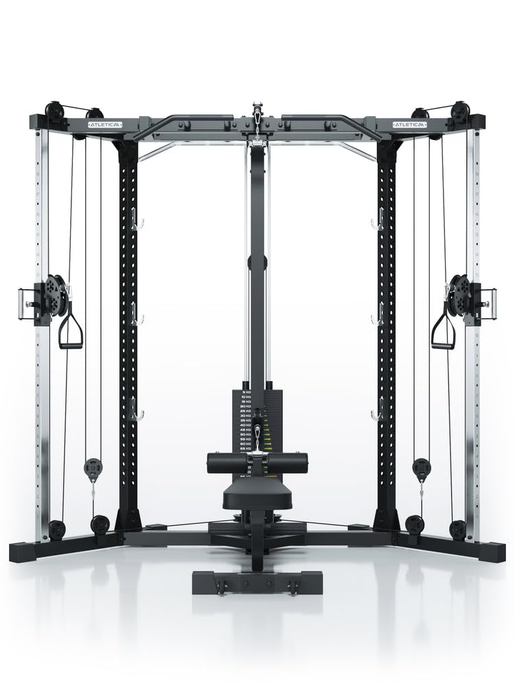 Atletica XTRIA | Kabelzugstation | Cross-Over-Kabelzug mit LAT- und Ruderzug | 125kg Gewichtsblock | abnehmbare Hantelbank | als Eck-Lösung für maximale Raumeffizienz