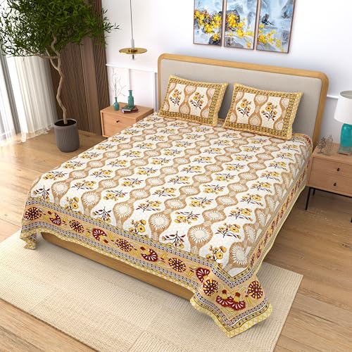 Image of India 100% Pure Cotton Jaipuri Printed Double Bedsheet with 2 Pillow Covers | Traditional Sanganeri Floral Design | Soft Breathable Fabric | King Size Bedsheet for Bedroom (Kaya49)