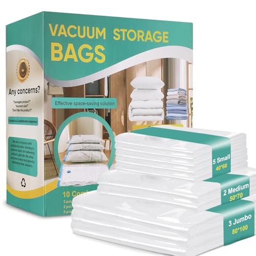 Vakuumbeutel für Kleidung Bettdecken 10 Stück, 3 Jumbo 80 * 100cm + 2 Mittel 50 * 70cm + 5 Klein 40 * 60cm Vakuumierbeutel Kleidung, Vacuum Bags für Reise und Alltag