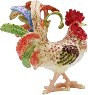 Hand Painted Enameled Rooster Jewelry Trinket Boxes Hinged Animal Rooster Figurines Collectibles Gift for Home Decor Colorful Rooster Metal craft
