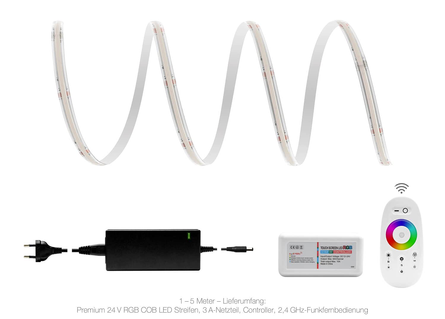 LED Universum Juego de tiras LED COB RGB con mando a distancia blanco, controlador y fuente de alimentación, filamento premium, 24 V, IP65, multicolor (7 metros)