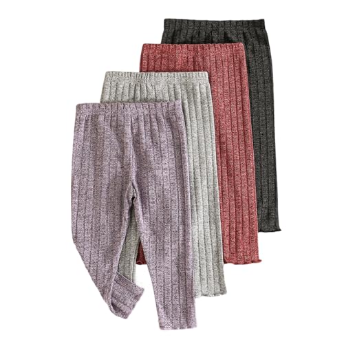 Infant Baby Girls Pants 4 Pack Ribbed Leggings Fashionable Solid Color Stretch Comfortable Toddler Bottoms (Multi-Color 6-9 Months)