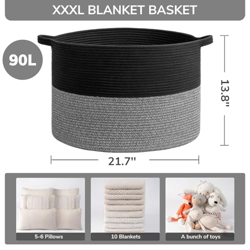 Image of INDRESSME XXXLarge Cotton Rope Basket Woven Baby Laundry Baskets Blanket Baskets Toy Basket with Handle Comforter Cushions Storage Bin Thread Laundry Hamper - 21.7 inch x 21.7 inch x 13.8 inch