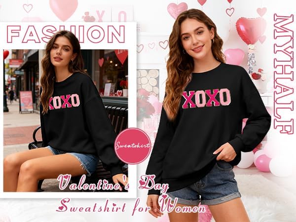 MYHALF Valentines Day Sweatshirts Valentine Shirts: Womens Love Heart Long Sleeve Tops Oversized Patch Crewneck Pullover - Image 4