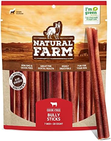 Natural Farm Bully Sticks, Odor-Free (7 Inch, 20 Pack), 100% Beef Treats for Pups, Small and Medium Dogs, Non-GMO, Grain-Free, Fully Digestible, Long Lasting Whole Beef Pizzle Chews
