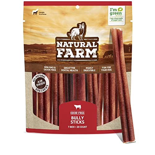 Natural Farm Bully Sticks, Odor-Free (7 Inch, 20 Pack), 100% Beef Treats For Pups, Small And Medium Dogs, Non-Gmo, Grain-Free, Fully Digestible, Long Lasting Whole Beef Pizzle Chews #TOP23