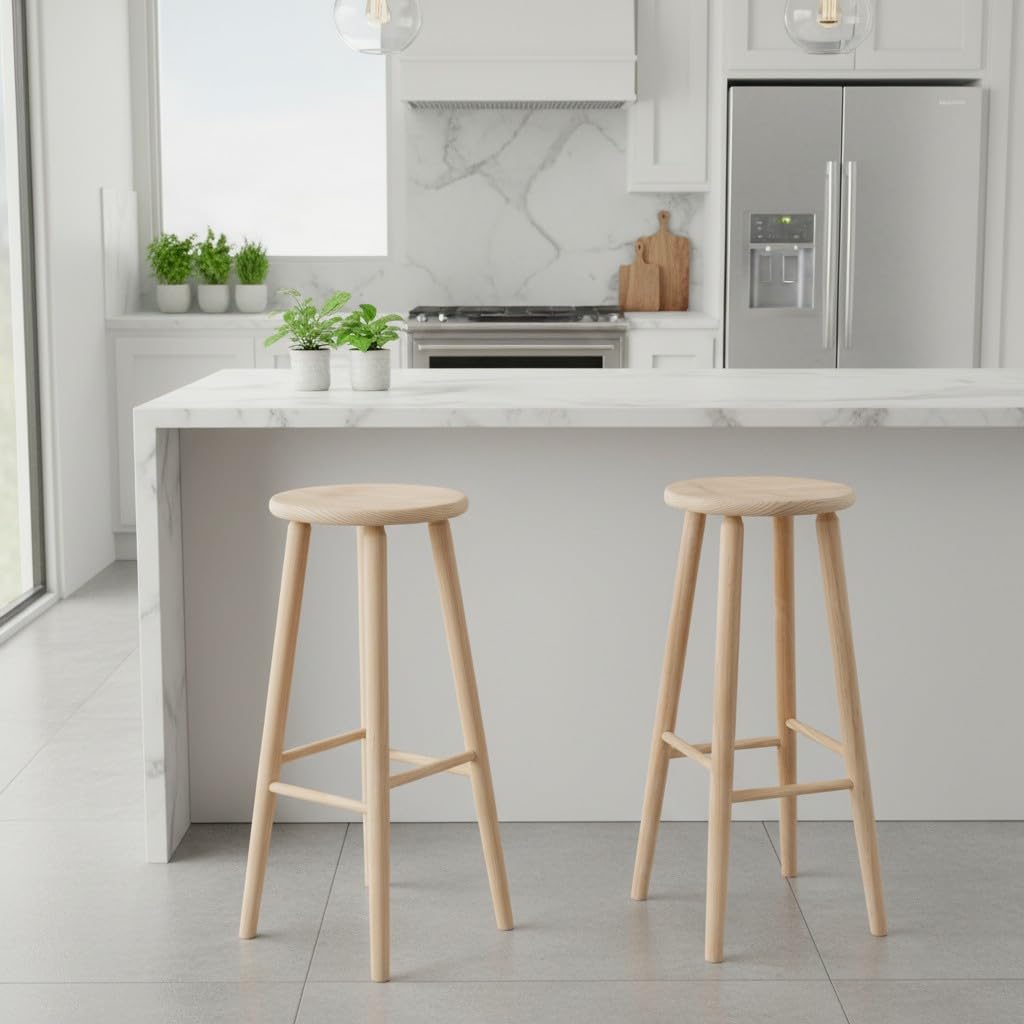 Taburete de Madera, banqueta de Madera Natural sin Tratar 70x30cm con reposapiés, Asiento para Todo Uso, hogar, Cocina, salón, Jardin, decoración. (Redondo - 70x30cm)