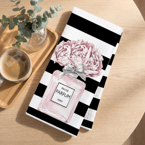 Image of 4 Pcs Black White Fashion Hand Towels, Perfume Bow Reusable Dish Towels | Fashion Gifts for Women Mom Girls Friend, Waffle Weave Microfiber Towels for Bathroom Home Decor 24x14 Inch