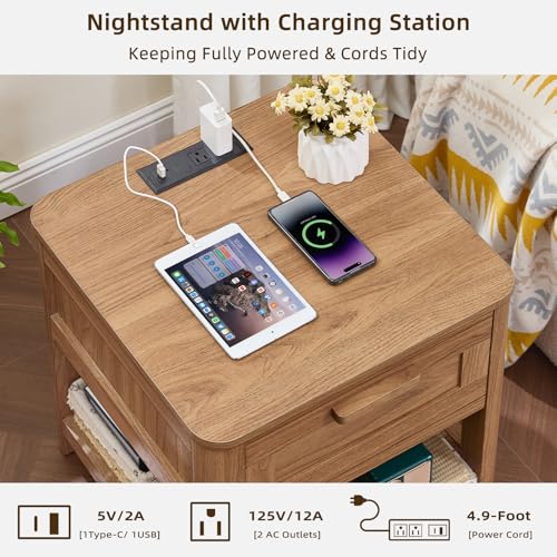 Joaxswe Farmhouse Side Tables Living Room, Small Nightstand with 1 Drawers & Open Shelving & 4 Thickened Table Legs, Dark Wood — view 4