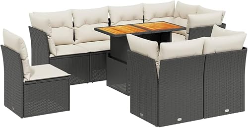 Miniatura 2 de 9 Piece Garden Sofa Set in Black and Cream White, Modular Outdoor Furniture with Height Adjustable Table, Weather-Resistant PE Rattan and Steel