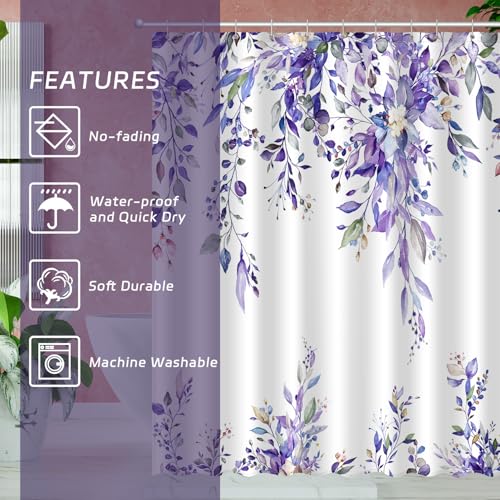 Image of Eucalyptus Shower Curtain, Abstract Aesthetic Art Watercolor Plant Leaves with Floral Bathroom Decor, Waterproof Fabric Cloth Bath Curtain Set with Hooks (Purple, 72x72 Inches)