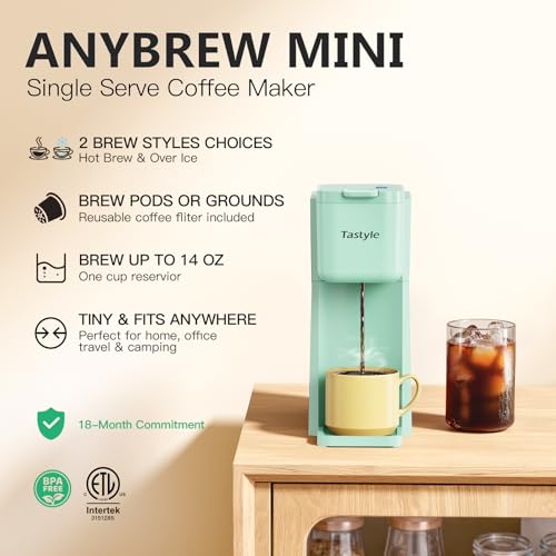 Image of Tastyle Mini Hot and Iced Coffee Maker Single Serve, for K Cup and Ground, 6 to 14 Oz Brew Sizes, with Recipe Book, for Home, Travel, RV, Office and Dorm, Mint