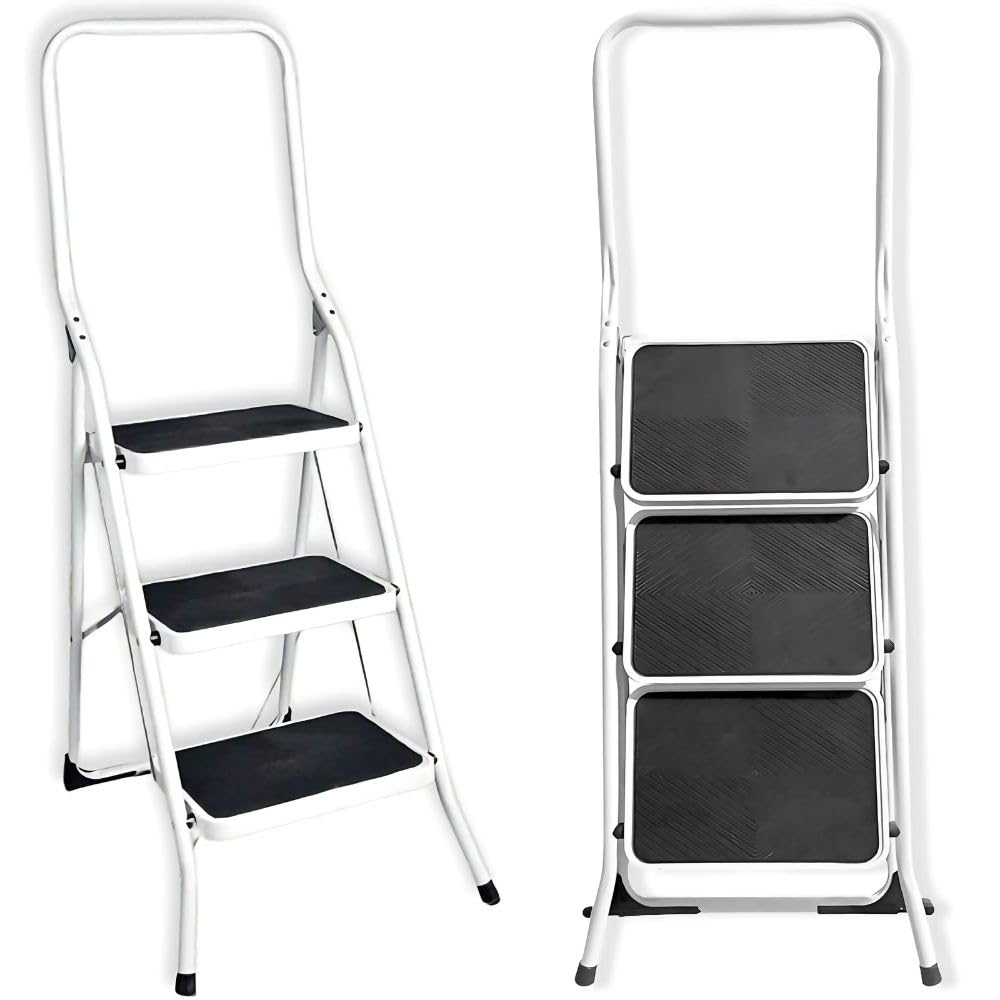 FACILITYS Escabeau 3 Marches Pliable en Acier - Marchepied Antidérapant avec Garde-Corps - Charge 150 kg - Échelle Domestique Stable pour Maison, Bricolage et Cuisine