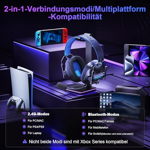 FC400 Wireless Gaming Headset, 2.4GHz Gaming Kopfhörer Kabellos mit Mikrofon für PS5, PS4, PC, Switch, Bluetooth 5.4 Gaming Headset, Geringe Latenz Noise Cancelling, mit LED Licht, 50H Akkulaufzeit 5