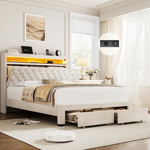 HIFIT Queen Bed Frame with Storage Headboard, Velvet Platform Bed Frame with Drawers & LED - Beige