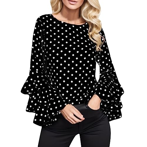 PAIDAXING Camisas para mujer, elegante blusa de lunares con volantes, cuello redondo, manga larga, casual, primavera, verano, camisetas elegantes para oficina, trabajo, negocios, L