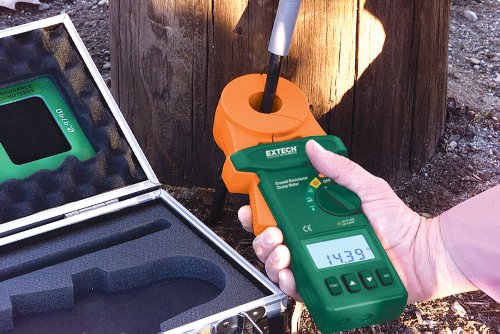 Image of Extech 382357 Clamp-on Ground Resistance Tester | 0.025 to 1500 Ohm, AC leakage 0.2mA-30A, 116 data points, 0.9in jaw, resistance plate, case