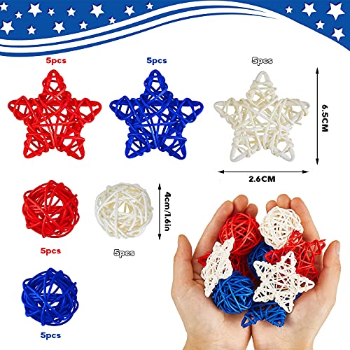 30 Pcs Labor Day Decorations Patriotic Decor 4Th Of July Star Shaped Rattan Wicker Red White And Blue Vase Filler Ball Rattan Balls Star For Home Decor Diy Ornament Wedding Table, 2.36 Inch, 1.6 Inch #TOP1