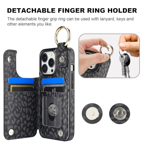 Image of HAOPINSH for iPhone 13 Pro Wallet Case with Card Holder, Black Leopard Cheetah Print Back Flip Folio PU Leather Kickstand Card Slots Case, Finger Grip Ring Double Magnetic Cover 6.1 inch