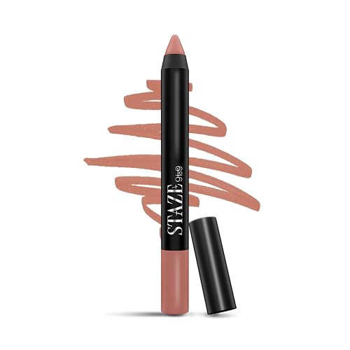 Staze Pout On Transfer proof Lip Crayon | Upto 12 hours long stay | One Swipe High Matte Pigment | Vitamin E & Jojoba Oil | Sharpenable Smudgeproof & Waterproof Lip Crayon | 03 Nude Beach | 3.5g