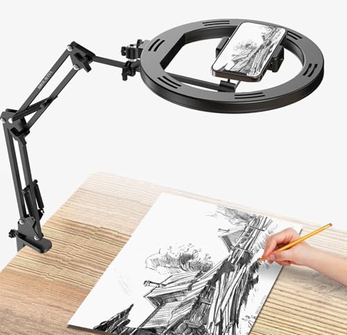 Image of BROLAVIYA No Shadow Overhead Video Mobile Stand with Extra Long Metal Arm,10 inch Selfie Ring Light, 2 Way Base clamp 1 /4 inch Adaptor for Camera, GoPro and Mobile Bracket for Desktop, Bedroom, Office