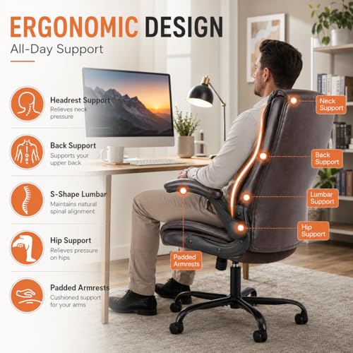 Image of Ergonomic PU Leather Office Chair - Executive Computer Desk Chair with Lumbar Support & Wide Seat, Adjustable Height Task Chair with 360 Swivel & Quiet Wheels for Home Office, Gaming, Brown
