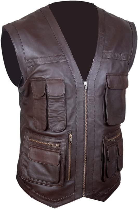 Men's J World's Chris Pratt Owen Grady Brown Vest - JW Adventure Chris Pratt Motorcycle Leather Biker Vest2