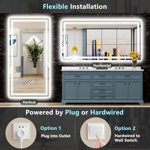 Image of 77x36 LED Bathroom Mirror with Lights, Backlit and Front Lit Anti-Fog Lighted Vanity Mirrors for Bathroom Wall, Dimmable, 3-Color Light, Memory, Shatter-Proof, HD Tempered Glass, CRI>90