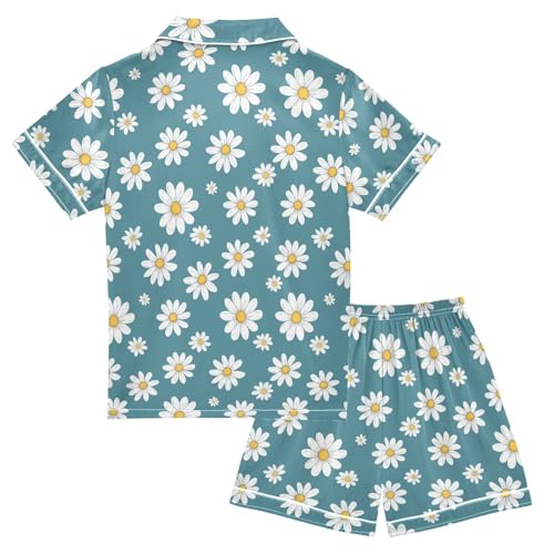White Daisy Pattern Summer Satin Pajama Set, Cute Button-Down Sleepwear Pj Set for Sleep Wears2