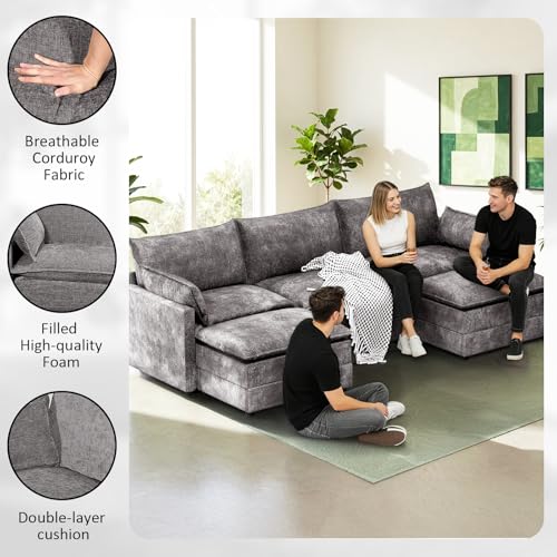 Image of LEVELEVE 112.5 inch U-Shape Modular Sofa with 2 Ottomans, Deep Seat Cloud Convertible Sleeper, 2 Arm Pillows, Cozy Upholstered Furniture for Living Room Apartment, Dark Grey