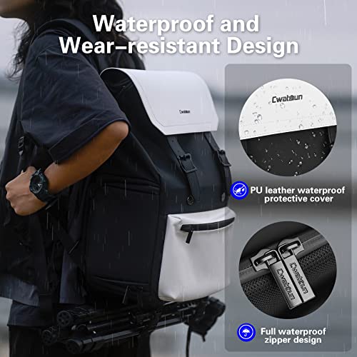 Cwatcun Kamerarucksack, Fotorucksack Wasserdicht Kamera Rucksack Professionelle Spiegellose DSLR SLR Fotorucksack Groß Kameratasche Kompatibel für Sony Canon Nikon und Objektiv Stativ Zubehör,Weiß,L