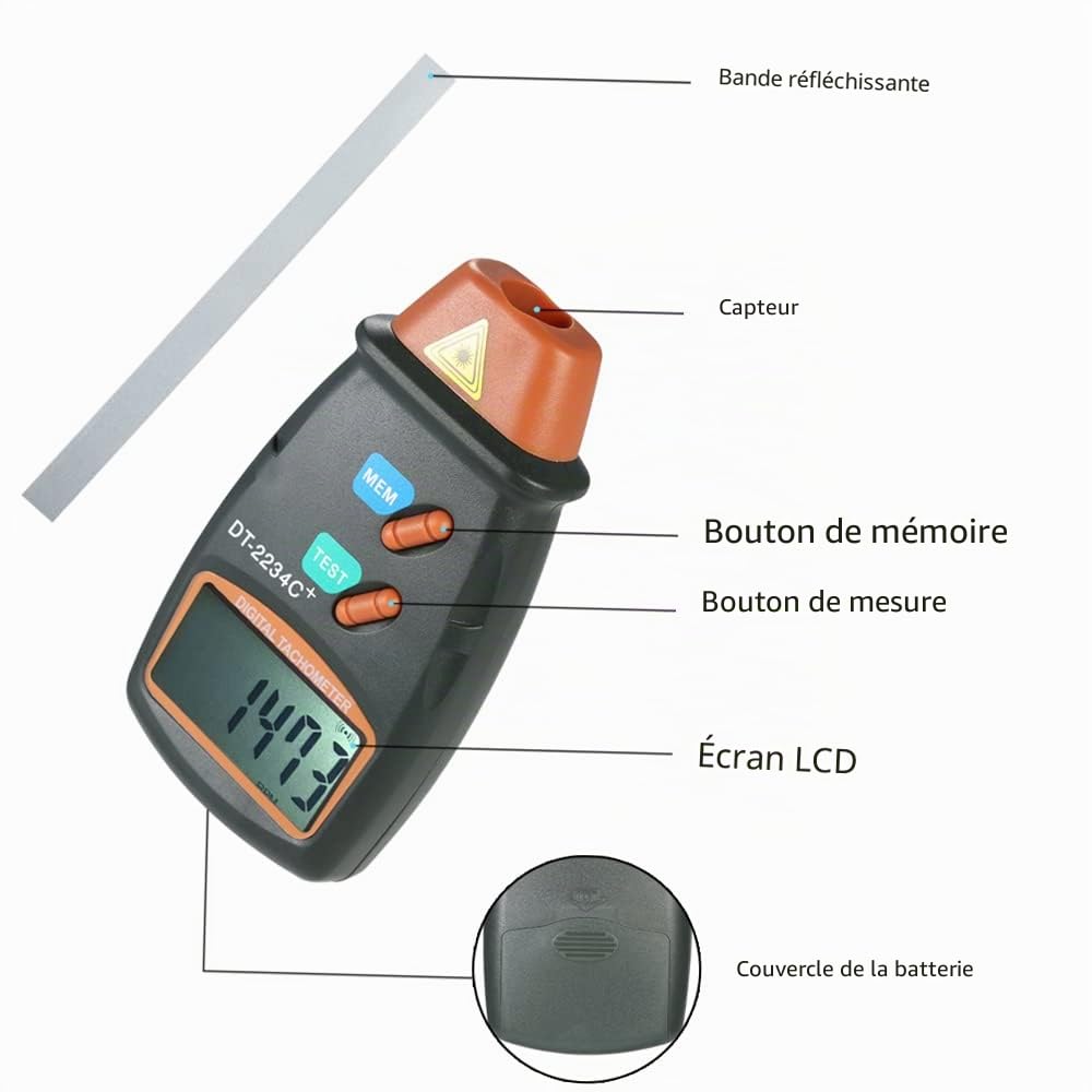 Compte-tours numérique portable - Tachymètre laser - Portée sans contact - 2,5 tr/min - 99,999 tr/min - Écran LCD - Compte-tours moteur avec 3 films réfléchissants