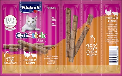 Vitakraft Cat Stick Classic, Katzensnack, fleischige Mini-Sticks, mit Truthahn und Lamm, in Vorratsgröße, ohne Zusatz von Zucker und Getreide (10x 36g)