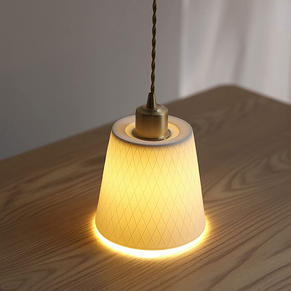 Iluminación Colgante de Material de Porcelana Blanca Simple de Estilo Japonés, Mini Candelabro con Patrón de Cuadrícula, Lámpara Colgante de Hogar con Forma de Linterna Cilíndrica Creativa, Lámp