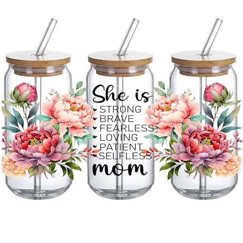 UV DTF Glass Cup Wrap Transfer Decal- 3PCS She is Strong Brave Craft Transfers mama Floral Wrap, Waterproof Decal for 16oz Glass Cups - Ceramic Mug DIY Crafts