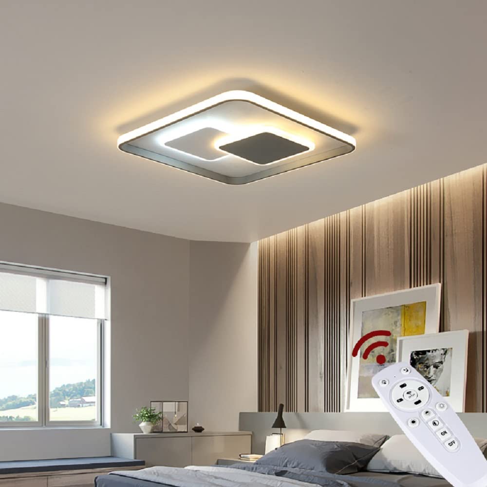 LED Deckenleuchte 9641FX Quadrat 46cm mit Fernbedienung Lichtfarbe/Helligkeit einstellbar Acryl-Schirm weiß/grau (9641+FX,46x46 cm 122W)