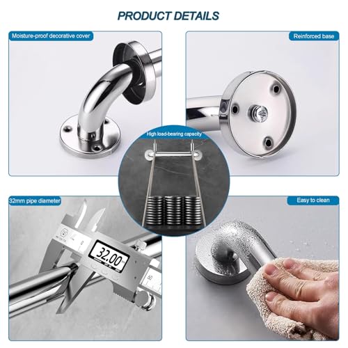 Barra di sostegno resistente in acciaio inox, antiscivolo, da parete, per doccia e vasca da bagno, asta di supporto antiscivolo da 80 cm per la sicurezza del bagno