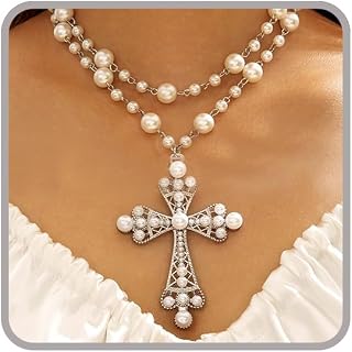 Pearl Cross Necklace Big Cross Pendants Necklaces for Women Chunky Pearl Necklace Gothic Cross Necklace Punk Vintage Cross Jewelry Women