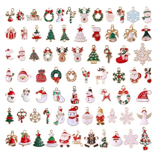KEOGONG 100Pcs Christmas Charms for Jewelry Making Gold Enamel Charms Xmas Charm Pendants for DIY Bracelet Necklace Earrings Craft Supplies