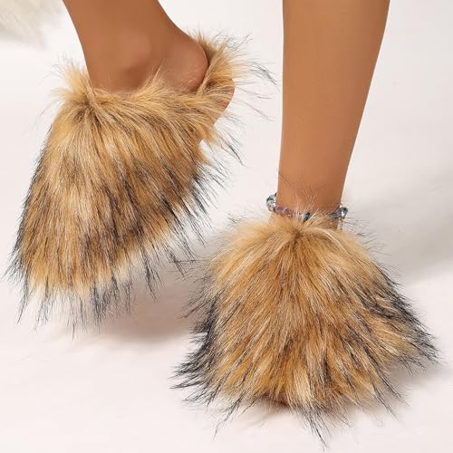 Women's Fluffy Faux Fur Slippers Furry Soft Plush Home Slippers Indoor Outdoor Non-Slip Slippers4