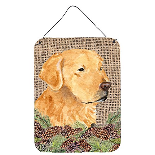 Caroline's Treasures SS4067DS1216 Golden Retriever on Faux Burlap with Pine Cones Wall or Door Hanging Prints Aluminum Metal Sign Kitchen Wall Bar Bathroom Plaque Home Decor Front Door Plaque, 12x16,