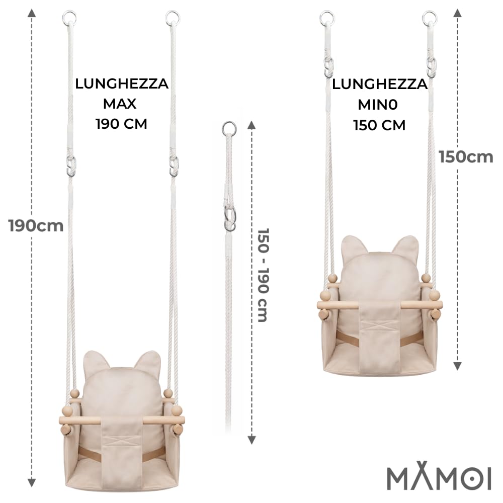 MAMOI Altalena per bambini con cintura di sicurezza, altezza regolabile 150–190 cm, altalena per casa, struttura stabile, seduta in velluto, montaggio facile, altalena da interno per bambini