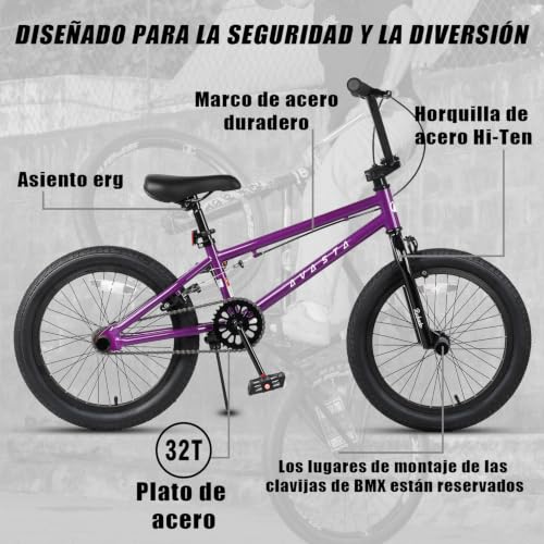 Miniatura 3 de Avasta 20 Pulgadas Freestyle Niños Bmx Bicicleta Para 6 7 8 9 10 11 12 13 14 Años Niños Niñas Adultos Jóvenes Y Principiantes Con 4 Peg,Púrpura