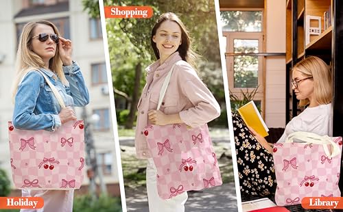 Bolso tote rosa con lazo para mujer, bolso de lona con diseño de cerezas y lazo, ideal como regalo para cumpleaños o Navidad, bolso de hombro para trabajo, compras, viajes o vacaciones miniatura 2