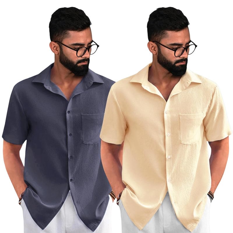 Image of Tee Projekt Solid Shirt for Men's ||Pop corn Shirt|| Solid Shirt for Men's|| Casual Shirt for Men||Half Sleeve Spread Collar Shirt for Men|| Pack of-2