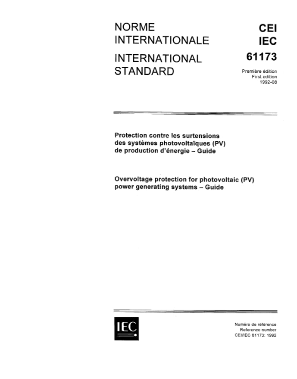 IEC 61173 Ed. 1.0 b:1992, Protezione da sovratensione per sistemi di generazione di energia fotovoltaica (PV) - Guida
