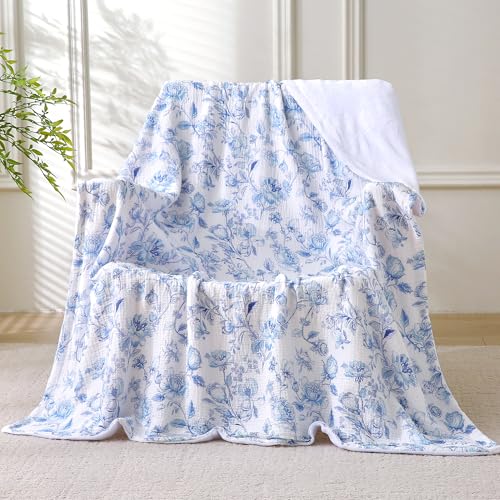 Muslin Blankets for Adults Reversible Throw Fleece & Gauze, Soft Cozy Lightweight Breathable Blue Floral Blanket for Bed Couch, Double Layer Muslin Throw Cover 50"x70" - image 1