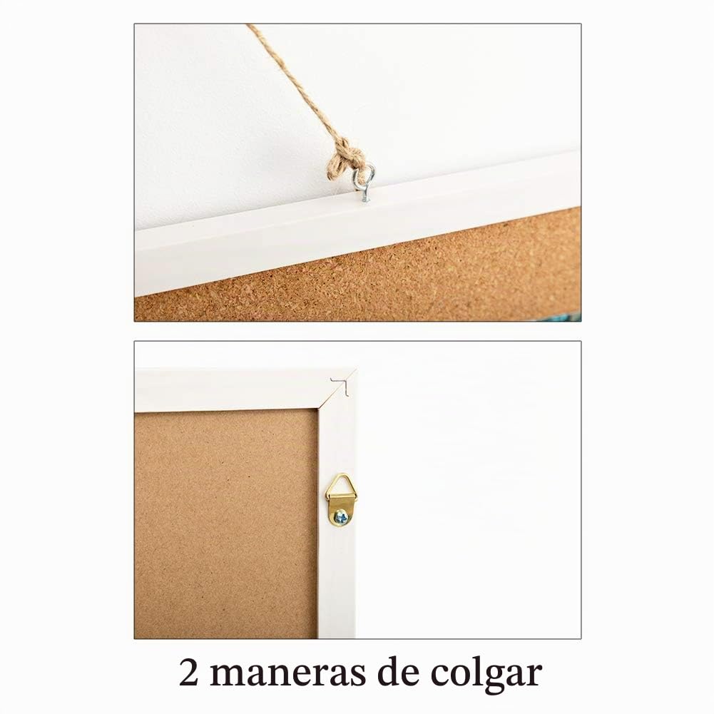 DOEWORKS 60 x 40cm Pizarra Mixta Pizarra Magnética Blanca & Tablón de Corcho, Tablero Combinado para Colgar, Tablero de Anuncios con Marco de Madera Blanco
