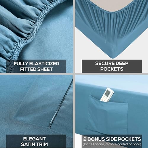 Mueller UltraTemp 6 PC Queen Sheet Set - Ultra-Soft Luxury Series, Cooling & Breathable Hotel Luxury Bed Sheets, Deep Pocket Wrinkle-Free Oeko-TEX, Denim